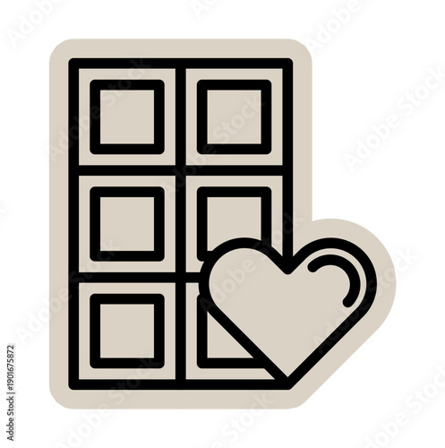 Love chocolate bar scrapbook, doodle, sticker, collage, icon: hand drawn illustration of sweet choco candy with heart for valentine, romantic, gift, snack, dessert, food, cacao, treat, sugar