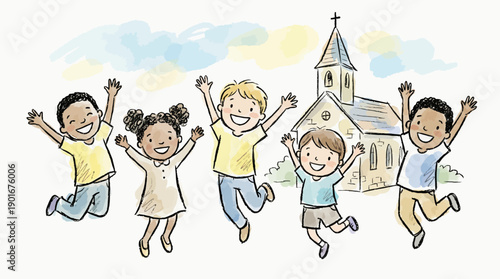 Joyful Diverse Children Jumping Outside Church Building - Hand-Drawn Watercolor Illustration for Sunday School and VBS