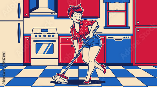 Smiling Retro Pin-Up Woman Sweeping Kitchen Floor. Vintage 1950s Style Housewife Cleaning Chores Illustration in Pop Art Aesthetic.
