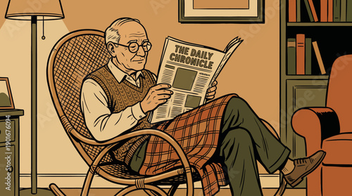 Retro Illustration of Elderly Man Reading Newspaper in Rocking Chair at Home. Retirement, News, Cozy Living Room Scene.