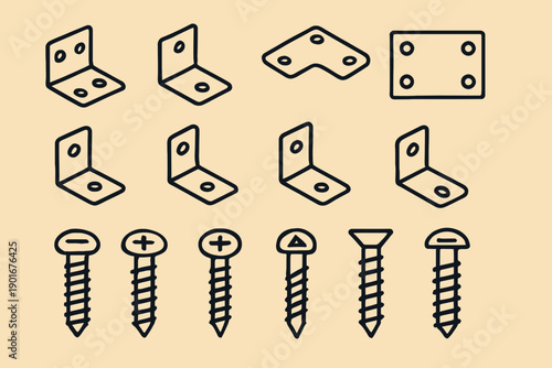 Assortment of Metal Brackets and Screws Illustration.