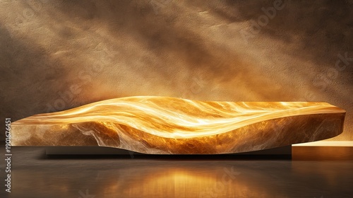 Opulent gold stone display platform, rich amber and honey tones swirling through material, dramatic side lighting enhancing texture, floating appearance through invisible support, clean contemporary