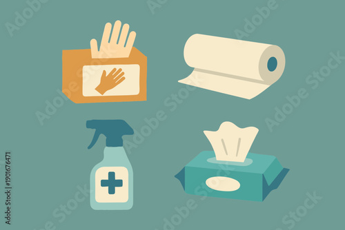 Cleaning and Disinfection Supplies Gloves Paper Towels Spray and Wipes.
