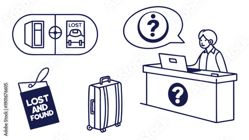Lost and Found Illustration Luggage Information Desk and Lost Items.