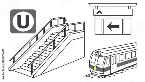 Subway Station Elements Sign Stairs Directional Sign and Train.