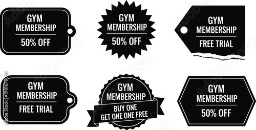 Gym membership promotion labels, fitness discount tags, black and white offer signs, free trial, buy one get one, sale