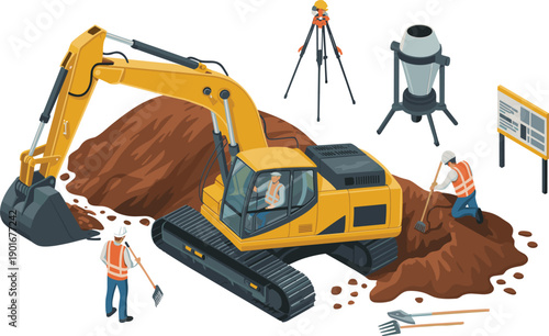 Isometric construction excavation illustration with excavator, workers, soil piles, surveying tools and concrete mixer for civil engineering building site vector