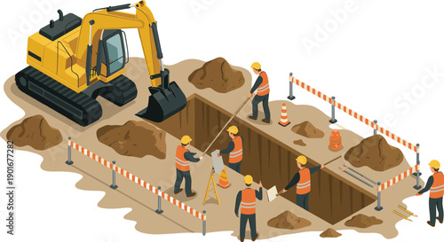 Isometric construction excavation scene with excavator, workers, safety barriers and trench digging for underground infrastructure civil engineering illustration vector design