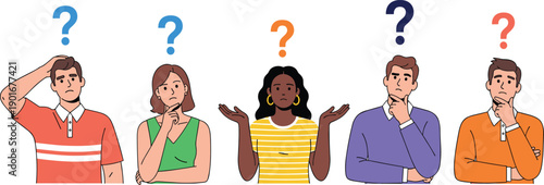 Group of diverse people confused and thinking with question marks above heads, doubt expression illustration, decision making and curiosity concept