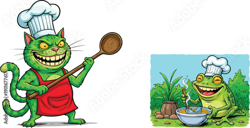 Green cartoon cat and frog chefs cooking outdoors, funny animal illustration, culinary theme, vibrant colors, whimsical characters, food preparation scene