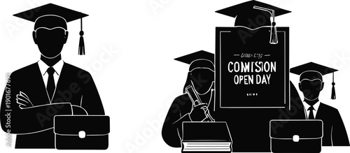 Graduation silhouettes, academic achievement, open day event, student commission, education concept, teamwork, communication, study, recruitment, university fair, career opportunity