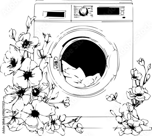Floral Embrace: A washing machine illustration framed by blooming floral arrangements, blending domesticity with natural beauty.