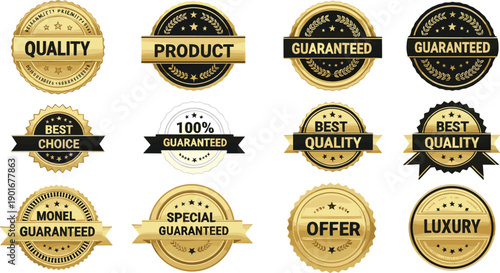 Gold and black badges, premium labels, guarantee icons, product assurance, luxury tags, best choice, marketing design, quality emblem, offer stamp