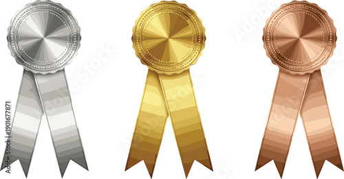 Gold, silver, and bronze award medal ribbons for achievement and excellence, competition prize badges, shiny metallic vector illustration design