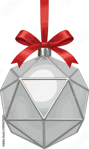 Geometric silver Christmas ornament with red ribbon, modern holiday decoration, faceted polyhedral design, festive hanging decor, elegant seasonal style