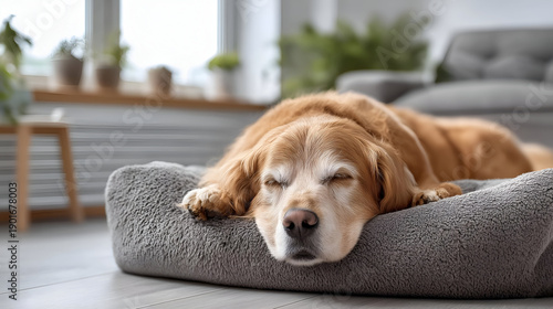 A serene golden retriever peacefully sleeping on a cozy dog bed in a modern living room, surrounded by plants and natural light.