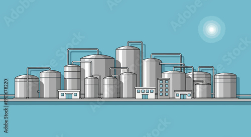 Modern industrial complex illustration featuring various storage tanks and factory buildings under a bright sky, symbolizing energy production and chemical processing