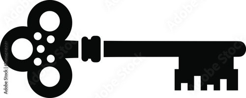 Antique skeleton key silhouette vector illustration, vintage ornate design with decorative bow, classic notched shaft, symbolic access and secrets