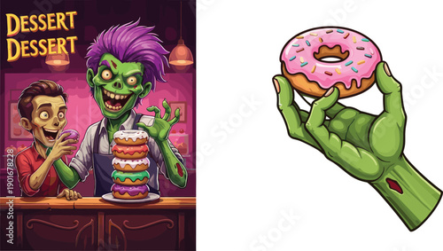 Funny zombie serving colorful stacked donuts in dessert shop, humorous cartoon illustration with playful undead character, bakery sweets concept, vector artwork