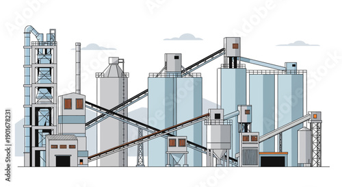 Modern industrial complex illustration depicting a factory with silos and conveyor belts, symbolizing large-scale production, manufacturing, and heavy industry processes