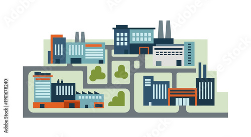 Modern vector illustration of an industrial park, displaying various factories, manufacturing plants, and urban infrastructure, symbolizing economic activity and city development
