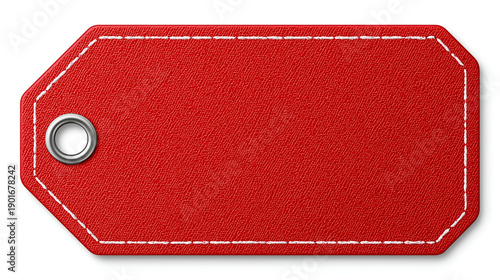A simple, red label tag featuring a white stitch outline, perfect for branding, pricing, or organizing items effectively.