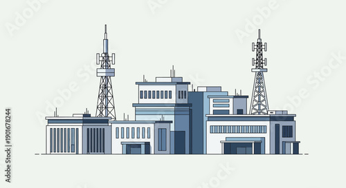 Telecommunications complex illustration with multiple transmission towers and buildings, representing global network infrastructure and advanced digital communication