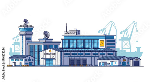 Modern port authority administration building and cargo logistics hub with shipping cranes and control tower, representing global trade and maritime operations