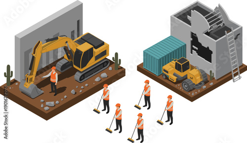 Isometric construction site cleanup illustration with excavator, bulldozer, workers sweeping debris, industrial demolition area, heavy machinery operation, and safety teamwork