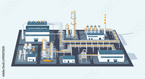 Isometric illustration of an industrial complex, showing a factory, refinery, and chemical plant with pipelines, symbolizing advanced manufacturing and energy production