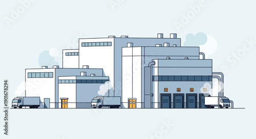 Modern industrial facility featuring multiple buildings and a busy loading dock with delivery trucks, symbolizing global logistics and efficient supply chain operations