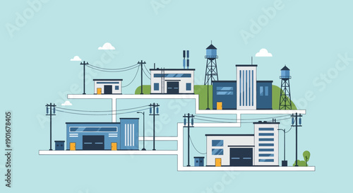 Modern industrial complex showcasing interconnected urban infrastructure with factories, power lines, and utility buildings, depicting a scalable network system and community development