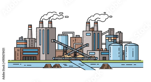 Flat line illustration of industrial complex factories, smoking smokestacks, conveyor belts, and storage tanks by a river. Modern manufacturing