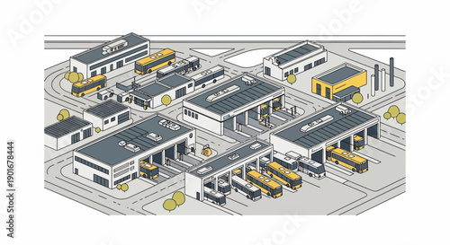 Isometric line art of a modern urban bus depot complex. Features public transport infrastructure, service buildings, and numerous buses, highlighting efficient city mobility