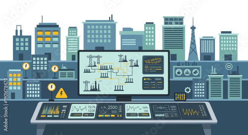 Advanced Centralized Control Panel Concept Overseeing Smart City Infrastructure, Monitoring Urban Utilities, Energy Distribution Networks, and Digital Operations for Efficient Urban Management