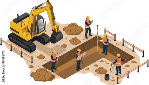 Isometric trench excavation illustration with excavator, construction workers, safety barriers and measurement tools for underground utility installation project vector