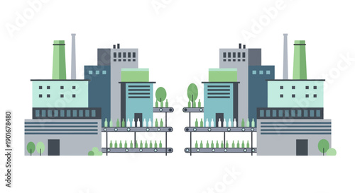 Flat design illustration of modern industrial factories, showcasing sustainable manufacturing buildings with integrated green spaces for urban development