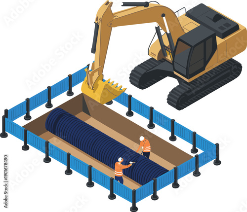Isometric underground pipeline construction illustration with excavator, workers, trench barriers and large pipes for civil engineering infrastructure vector design