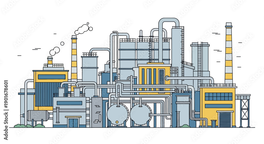 Obraz premium Modern industrial complex illustration, depicting factory buildings, smokestacks, and tanks, representing manufacturing, production, and energy sector