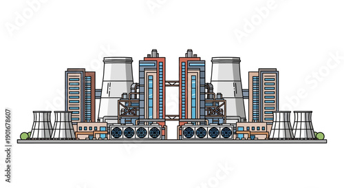 Modern industrial power plant complex. Detailed flat design vector illustration showing cooling towers and factory buildings, representing energy generation, infrastructure, and industrial technology