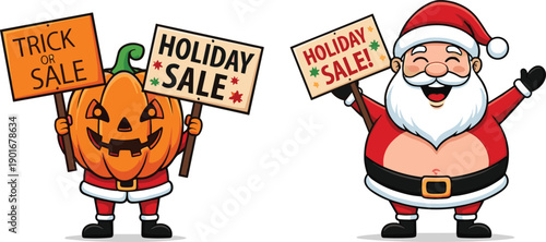Funny Halloween and Christmas characters, festive costumes, holiday sale signs, seasonal marketing, cartoon pumpkin, Santa Claus, cheerful promotion, celebration