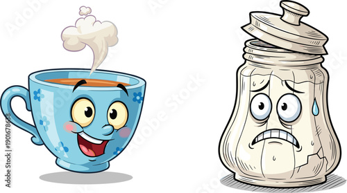 Funny coffee cup and sad salt shaker, cartoon kitchenware characters, emotional expressions, anthropomorphic objects, humorous food illustration, vector art