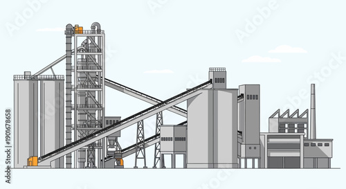 Vector illustration of a modern industrial cement plant. Large production facility with silos, conveyor belts, and manufacturing buildings, representing heavy industry