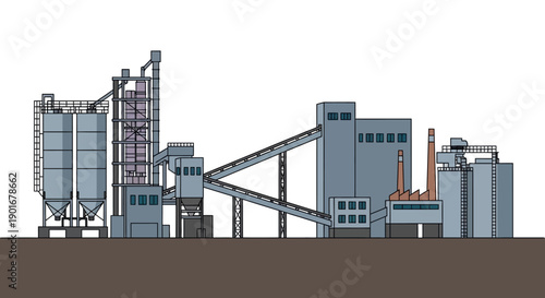 Vector illustration of a modern industrial manufacturing plant, featuring large silos, complex conveyor systems, and various processing units, representing heavy industry and material production