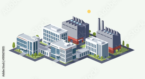 Vibrant isometric illustration depicting a modern urban district with diverse architecture, including sleek office buildings and bustling industrial factories, on a clean city grid