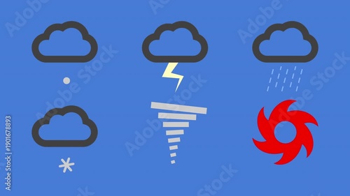 weather map symbols, animated loops, hail, lightning, storm, drizzle, cloud, rain, sleet, tornado, twister, hurricane, typhoon, graphic symbol icon construction kit, blue then black background
