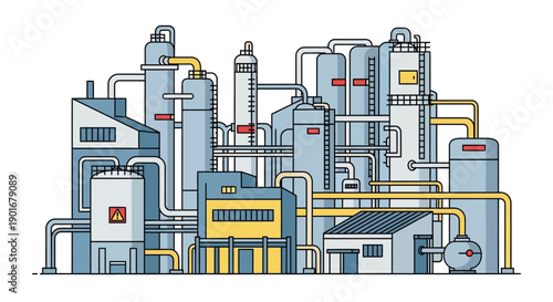 Complex industrial chemical plant illustration featuring interconnected tanks, pipes, and factory buildings, representing a modern facility for manufacturing and production processes
