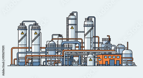 Illustration of a modern industrial factory plant with tanks, pipes, and buildings for manufacturing and chemical production processes