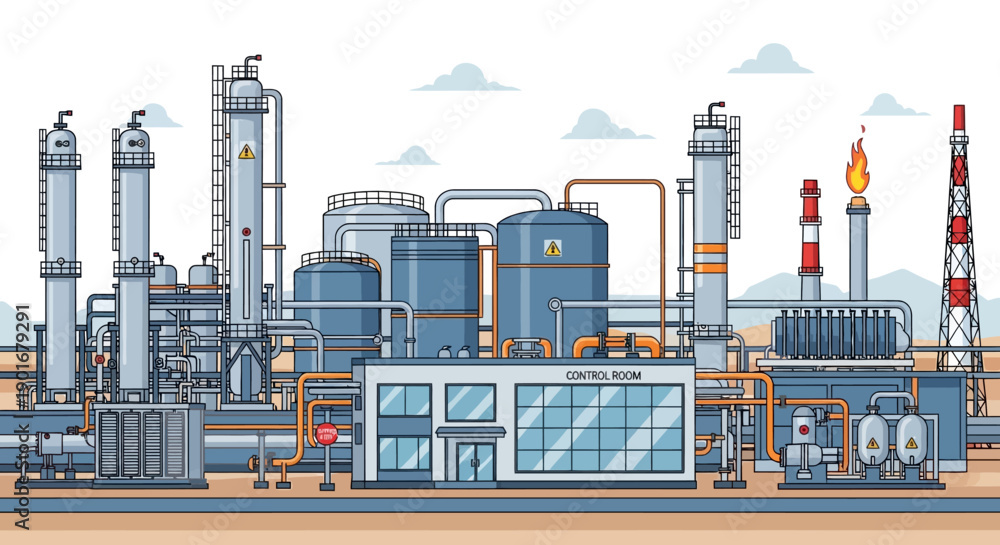 Obraz premium Flat vector illustration of an industrial oil and gas refinery plant with tanks, pipelines, and control room, symbolizing energy production and vital infrastructure