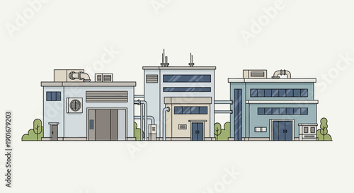 Modern minimalist illustration of three contemporary industrial buildings, depicting factory or business park facilities with a clean and organized design in a suburban setting